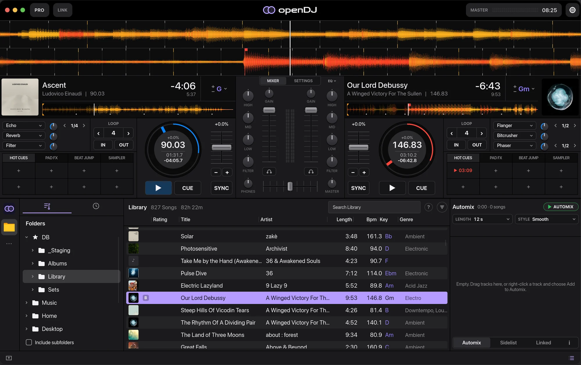 openDJ with two tracks loaded: scrolling waveforms on top, two decks with a mixer between them, and the music library below.